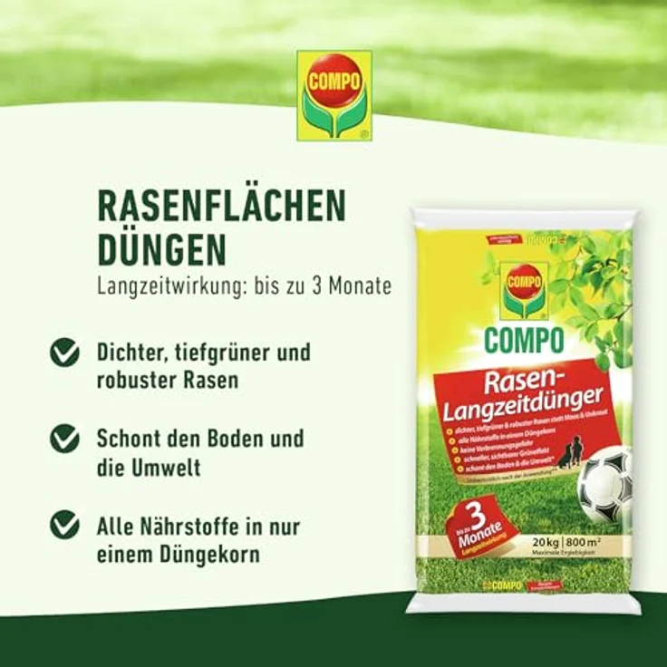 COMPO Rasen-Langzeitdünger, 3 Monate Langzeitwirkung, Rasendünger, Feingranulat, 15 kg – Bild 2
