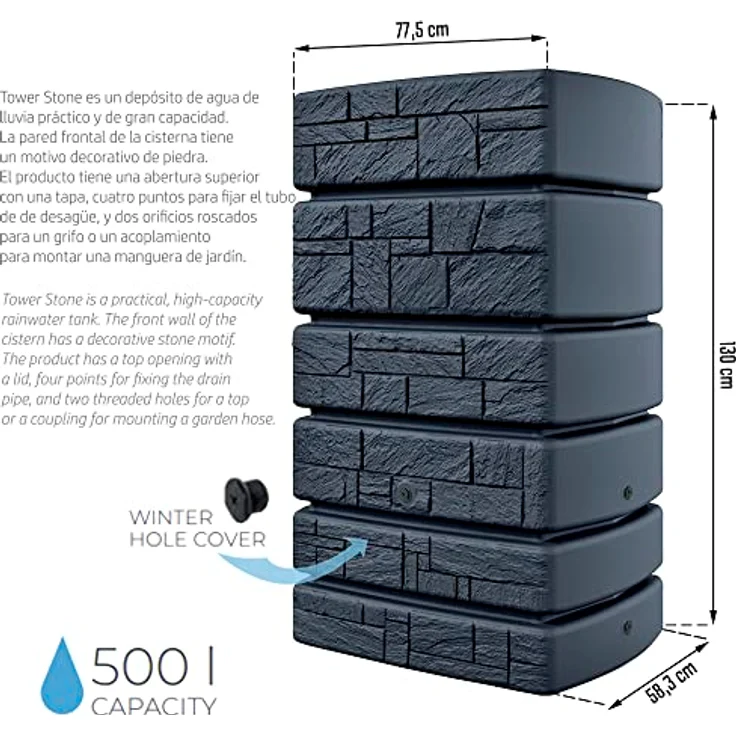 Regenwasserbehälter Tower Stone 500L Anthrazit Regentonne Regenwassertonne – Bild 2