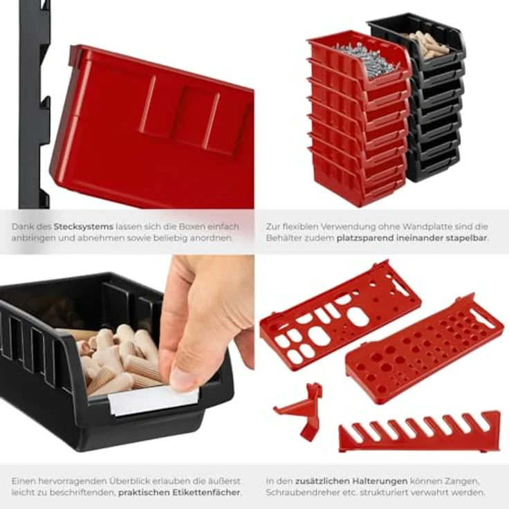tectake® Kleinteilemagazin Werkzeugwand, flexibel erweiterbar mit 28 stapelbaren Boxen in Schwarz und Rot, sortierbares Werkstattregal für Schrauben und Muttern – Bild 4
