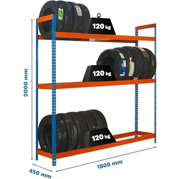 Simon Rack SimonRack Reifenregal, 3 Ebenen, hohe Tragkraft 120 kg, 2000 x 1800 x 450 mm, Regal für 36 Reifen, Blau/Orange - Simonauto – Bild 3