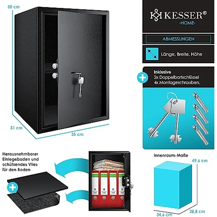 KESSER Möbeltresor mit Doppelbartschloss, Safe Tresor Geldschrank Boden-Wandtresor Wandsafe 50x35x31cm ink. 2 x Schlüssel & Befestigungsschraube Schwarz – Bild 7