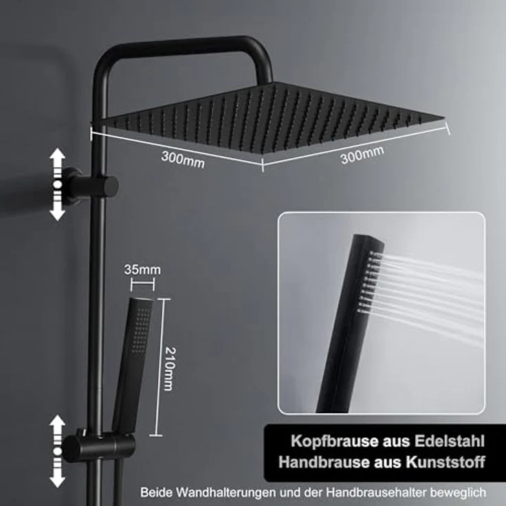 Görbach Regendusche Duschsystem XL, Edelstahl Duschset ohne Armatur, Kopfbrause 30x30 cm, schwarze Duschablage, verstellbare Duschstange – Bild 3