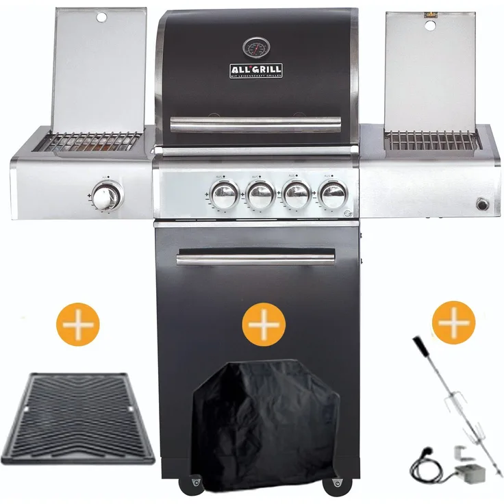 ALL'GRILL Gasgrill CHEF Paket S2 Schwarz mit Backburner und Seitenkocher, inkl. GRATIS Zubehör