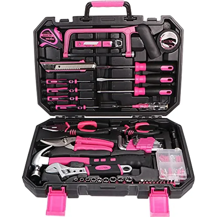 Sixtol Home Pink 128, Werkzeugkoffer mit 128 Teilen aus verchromtem Kohlenstoffstahl, pink