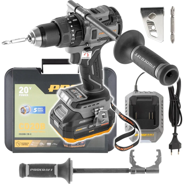 Procraft Industrial CD20B-1b, Akku Bohrschrauber 20 V mit 150 Nm, bürstenloser Motor, 4,0 Ah Akku, Ladegerät und Koffer