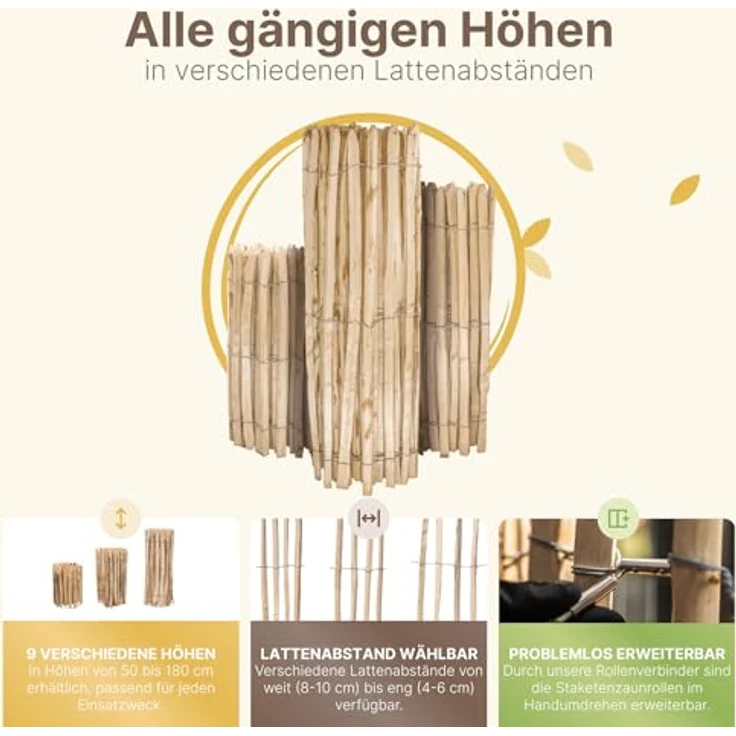 STILTREU Englischer Staketenzaun Kastanie, 5 Meter lang, 75 cm hoch, witterungsbeständig mit 4-6 cm Lattenabstand – Bild 4
