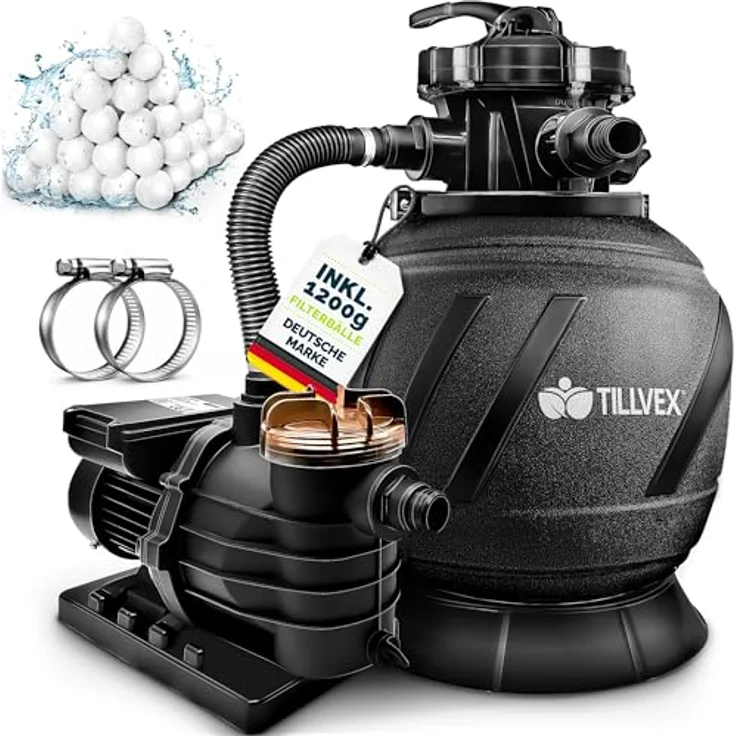 tillvex Sandfilteranlage 13.200L/h mit 1200g Filterbällen, selbstansaugend, 7-Wege Ventil & Adapter Ø32-38mm für Schwimmbecken bis 40.000L – Bild 1