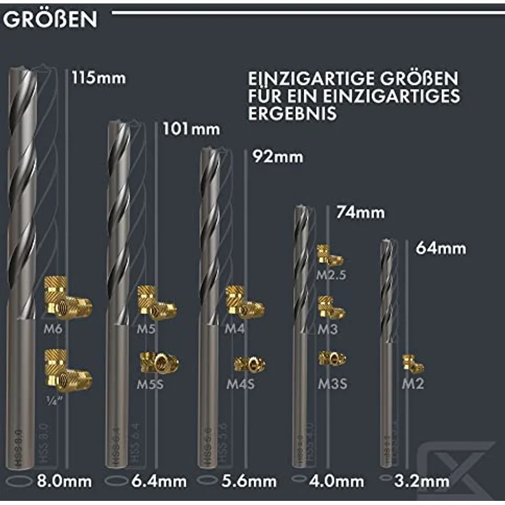 ruthex HSS Bohrerset für Gewindeeinsätze, M2-M6 & 1/4", geeignet für Kunststoff, PLA, PETG, 5 Teile mit 3,2 - 8 mm Ø – Bild 3