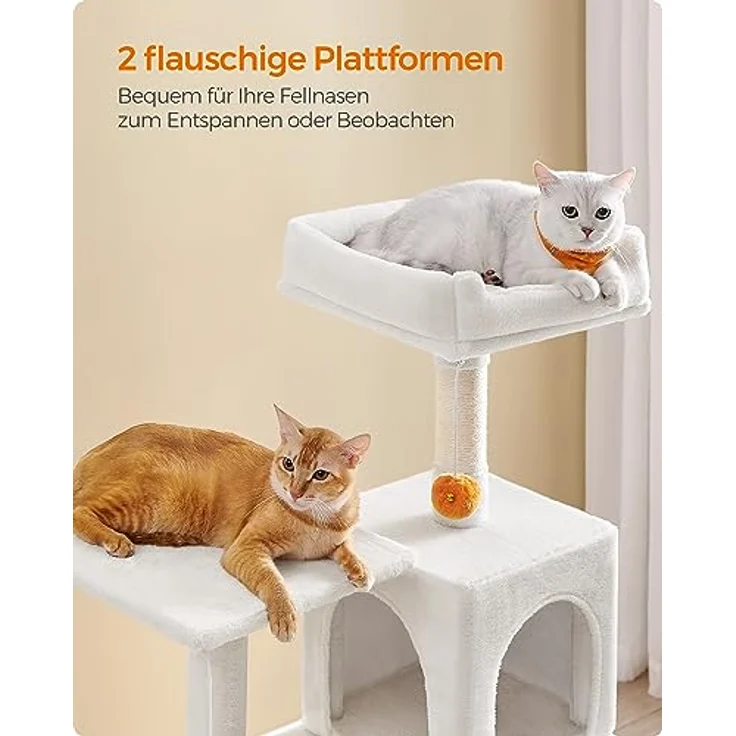 Feandrea Katzenbaum, 143 cm, mehrstöckiges Katzenhaus mit 4 Kratzsäulen, 2 Plattformen, Hängematte, Höhle, cremeweiß PCT161T01 – Bild 4