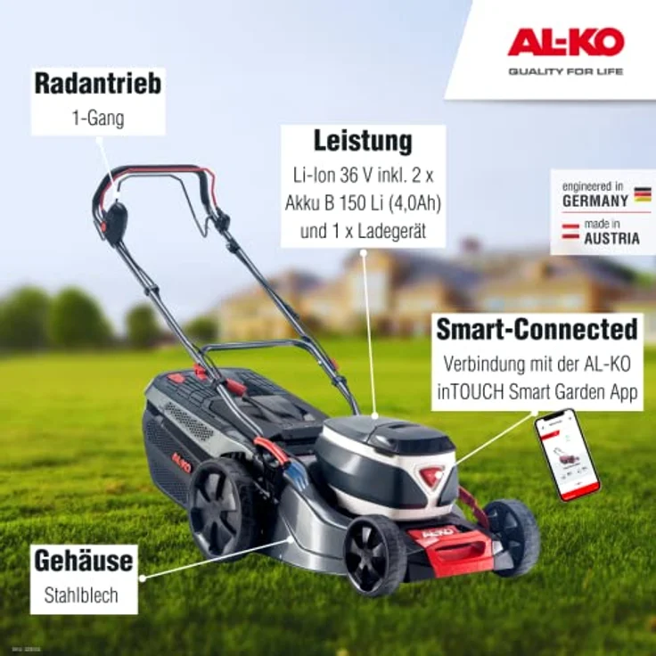 AL-KO Akku-Rasenmäher 46.2 Li SP-W Comfort, 46 cm Schnittbreite, Akkufach für bis zu 2 Akkus 36 V Li-Ion,für Flächen bis 800 m²,zentrale Schnitthöhenverstellung, Grau – Bild 4