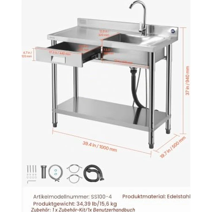 VEVOR Edelstahl Spültisch mit Einzelbecken, Wasserhahn & Schublade, 100 x 50 x 94 cm, für Garage, Restaurant und Wäscherei, Arbeitsplatte links – Bild 7