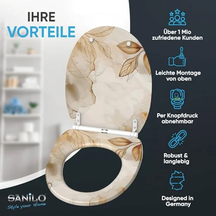 Sanilo WC Sitz Faylora, Toilettensitz mit Absenkautomatik und antibakterieller Beschichtung, bruchfestes Holz, 46-48 cm, 4-seitig bedruckt – Bild 2