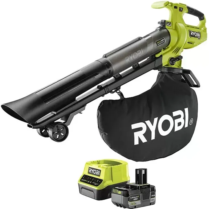 Ryobi ONE+HP Laubsauger & -Laubbläser RY18BVXA-150, 1 Akku 5 Ah, Blasleistung 1,8 m³/min, Blasgeschwindigkeit 252 km/h, mit Häckselfunktion und 3-stufiger Geschwindigkeitsregulierung