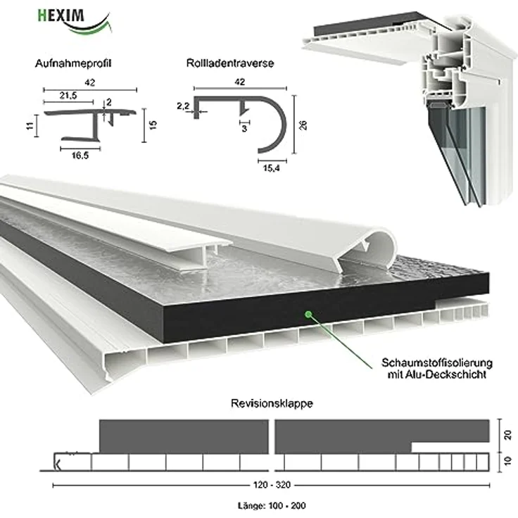 HEXIM PVC Rollladenkastendeckel Komplettset, Aufnahmeprofil & Rollladentraverse, Länge: 1000-2000mm, Breite: 120-320mm, weiß, hohe Wärmedämmung und Schallschutz – Bild 2