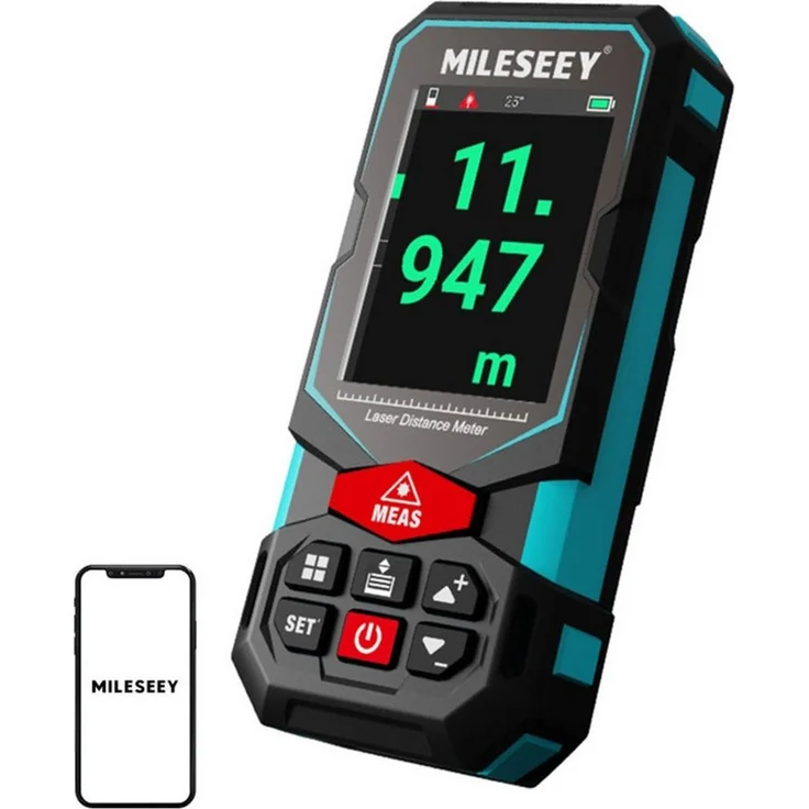 MILESEEY S7 Laser-Entfernungsmesser, 100 m Reichweite, schwarz-türkis mit Bluetooth-Konnektivität