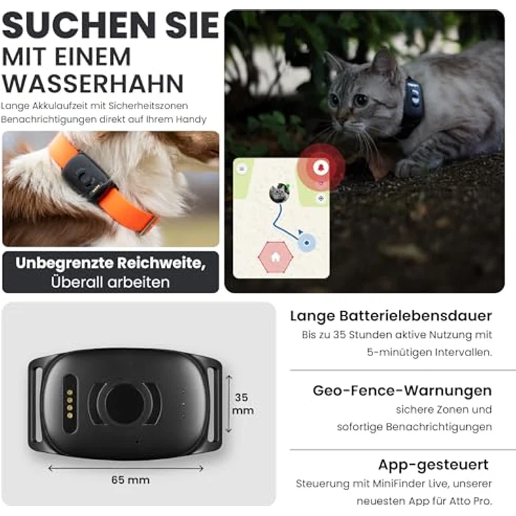 Atto Pro GPS-Tracker für Hunde & Katzen mit 4G, Echtzeit-Tracking, Fluchtalarm & unbegrenzter Reichweite – wasserdicht, mini – Bild 3