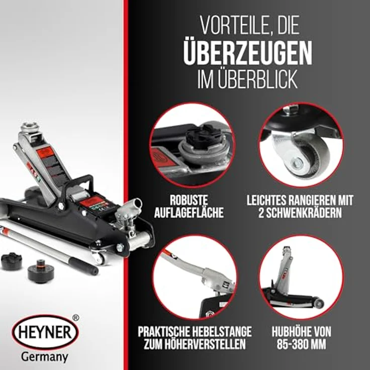 HEYNER® UltraLowLift PRO Rangierwagenheber Bundle mit Ersatzgummiauflage für Tesla Model 3 S Y X, 2,25t Kapazität, extra flach, variable Hubhöhe 85-380mm, robuste Qualität – Bild 4
