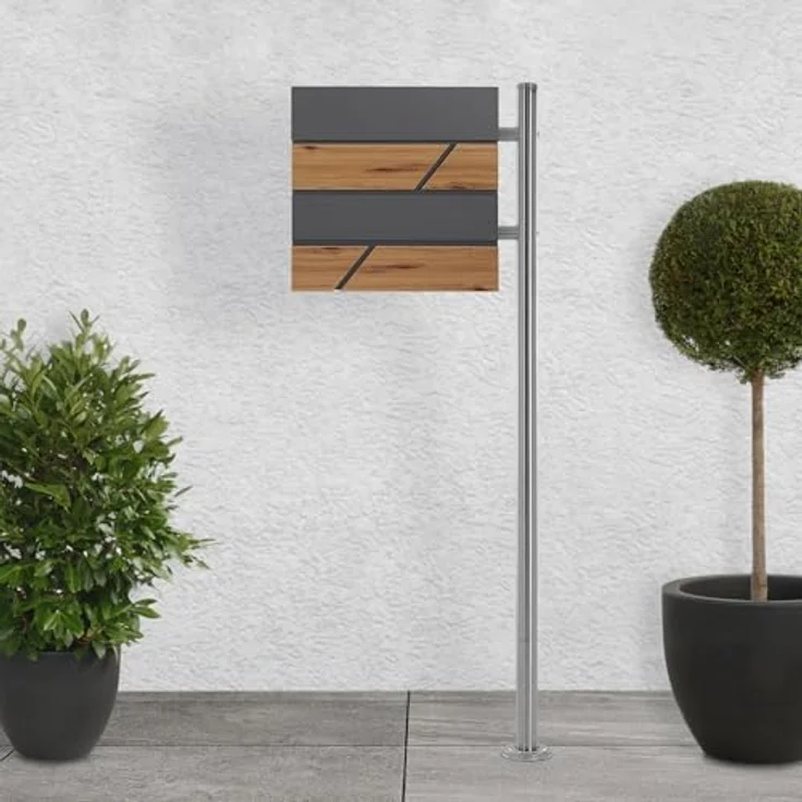 ECD Germany Standbriefkasten mit Zeitungsfach, silberner Edelstahl-Briefkasten mit pulverbeschichteter anthrazit Holzoptik und großzügiger Einwurföffnung – Bild 1