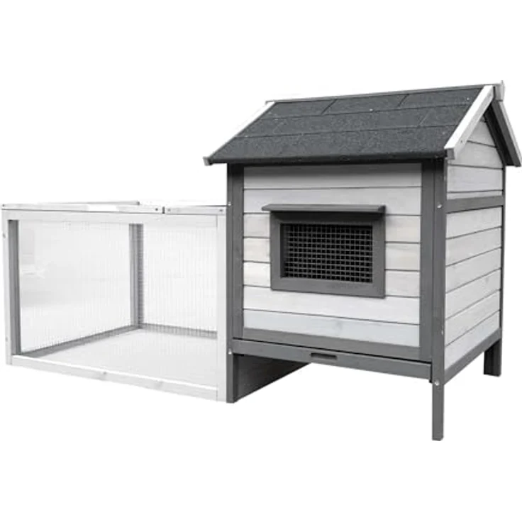 Wiltec Hasenstall hellgrau 1460 x 750 x 830 mm mit Freilaufgehege und erhöhtem Unterschlupf - Kaninchenkäfig mit 2 Etagen, Kleintierstall – Bild 2