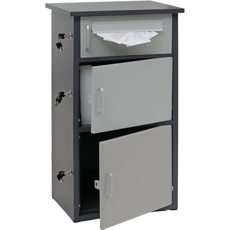PROREGAL Paketkasten 3 Fächer, Stahl dunkelgrau/hellgrau, wetterfest, mit seitlicher Verriegelung und Bodenanker, HxBxT 89x49x38 cm – Bild 2