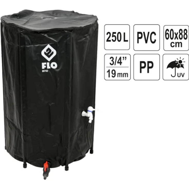 Flo Faltbare Regentonne mit Hahn, Filter und Überlaufschutz, 250 Liter, massives PVC, stabile Füße, UV-resistent, Ø60 x 88 cm, Grün – Bild 2