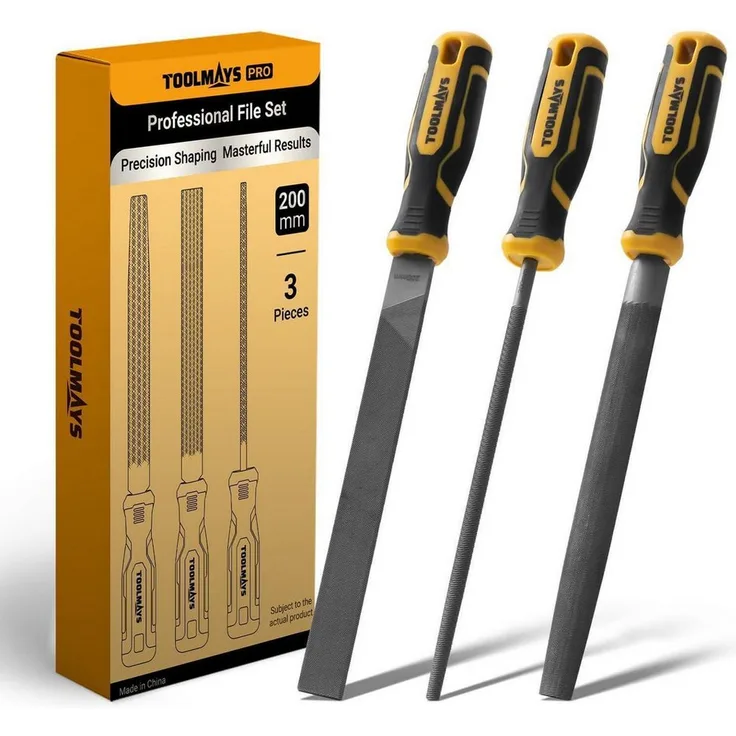 LuxusKollektion Werkstattfeile Metallfeilen-Set 3tlg, 200mm T12 Stahl, schwarz/silber/gelb, mit SoftGrip und rostfreier Beschichtung