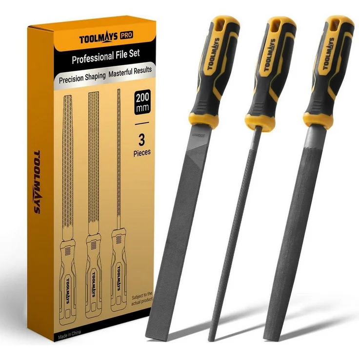 LuxusKollektion Werkstattfeile Metallfeilen-Set 3tlg, 200mm T12 Stahl, schwarz/silber/gelb, mit SoftGrip und rostfreier Beschichtung