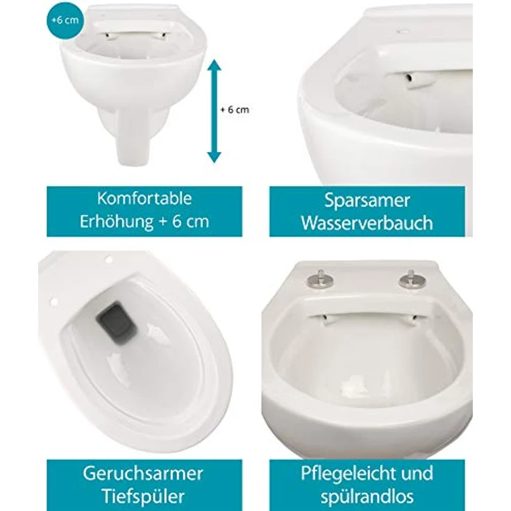 Calmwaters® Erhöhtes Wand-WC spülrandlos Modern Plus mit Toilettendeckel, 6 cm Erhöhung, inklusive abnehmbarem WC-Sitz mit Absenkautomatik und Schnellbefestigung, Tiefspüler, Weiß, 08AB5815 – Bild 3
