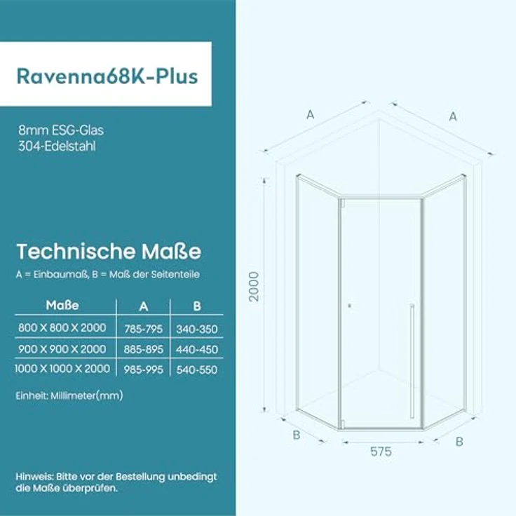 doporro Ravenna68K-plus Fünfeckdusche Duschkabine 80x80cm, 8mm ESG-Sicherheitsglas Klarglas mit Nano-Beschichtung, Edelstahlgriffe, einfach montierbar – Bild 9