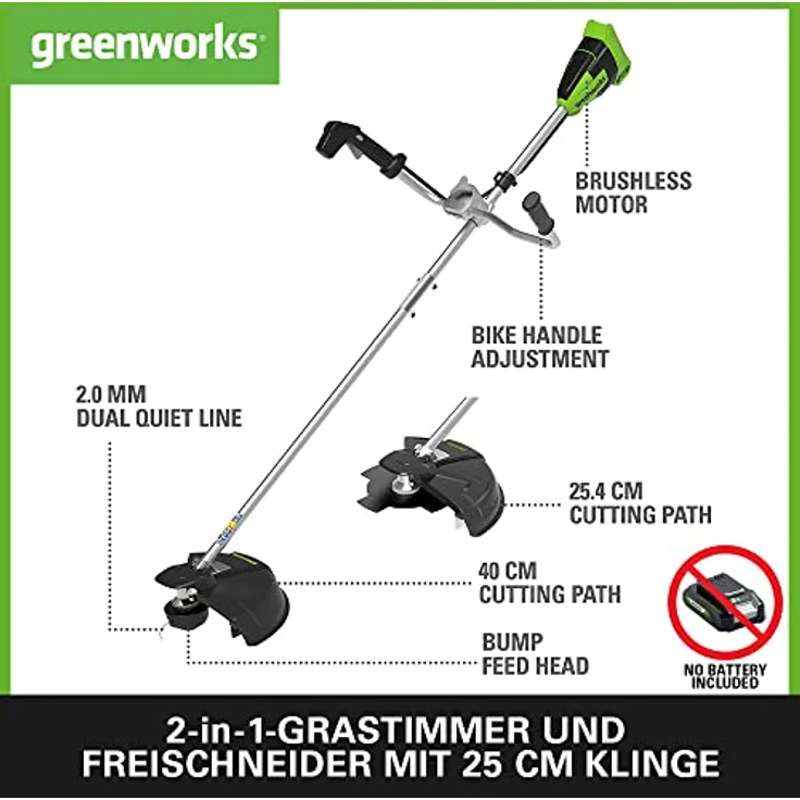 Greenworks Akku-Rasentrimmer GD40BCB Li-Ion 40V 40cm Schnittbreite 2mm Faden min Bike handle brushle – Bild 2