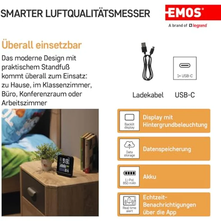 EMOS GoSmart E30300, Smart Home Luftqualitätsmonitor mit Farbdisplay, CO2-, Temperatur- und Feuchtigkeitssensor, WiFi, USB-C Stromversorgung, TUYA & SmartLife kompatibel, schwarz – Bild 3