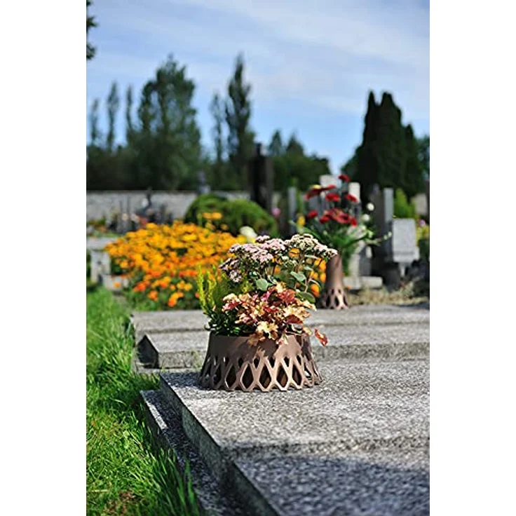 Plastia Roseta Grabschale mit Wasserspeicher - Runde Pflanzschale für Friedhof - Frostsicher Blumentopf aus Hochwertigem Kunststoff, Ø 30 cm, Bronze – Bild 5