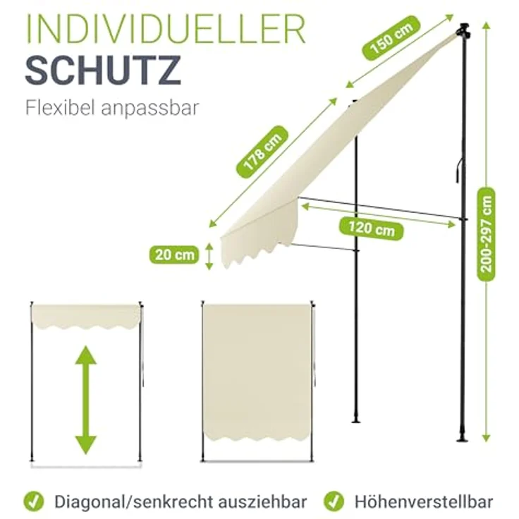 Juskys Klemmmarkise Kapstadt Beige, höhenverstellbar, senkrecht/diagonal ausziehbar – Bild 5