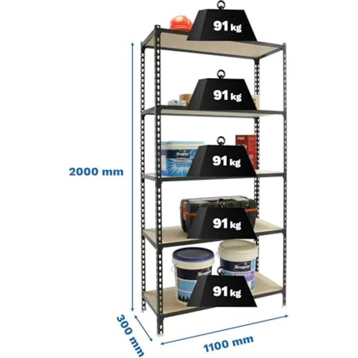 Simonrack Maderclick SuperPlus Metallregal, 200 x 110 x 30 cm, Traglast 200 kg pro Boden, 5 höhenverstellbare Böden, Stecksystem, anthrazit – Bild 2