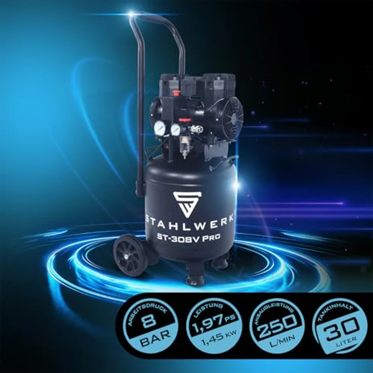 STAHLWERK Kompressor ST-308V Pro, 30 L, 1,97 PS, 8 bar, 250 l/min, ölfrei, leise 70 dB – Bild 2