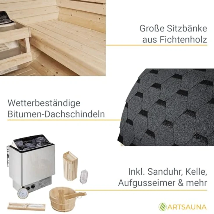 Artsauna Fasssauna Spitzbergen 180, für 4 Personen, Fichtenholz, 6 kW Elektro-Ofen, Naturfarben - Preisvergleich – Bild 5