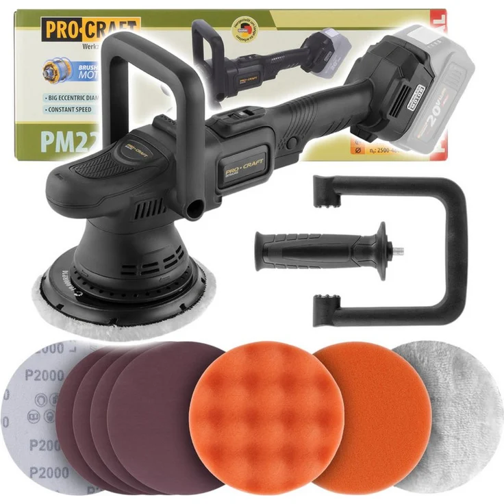 PRO CRAFT Akku-Poliermaschine Procraft PM22bb, 20V, 150 mm, bürstenloser Motor, variable Drehzahl 2500–4800/min, Solo ohne Akku