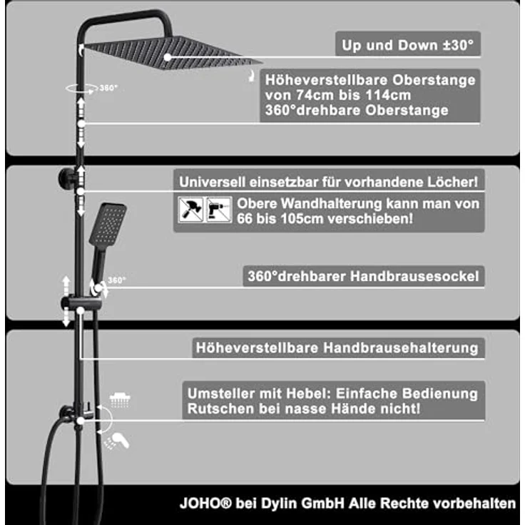 Görbach Edelstahl Duschset ohne Armatur, XL Kopfbrause 25x25 cm, höhenverstellbar, schwarz, mit massiver Handbrause und anti-Kalk Düsen – Bild 5