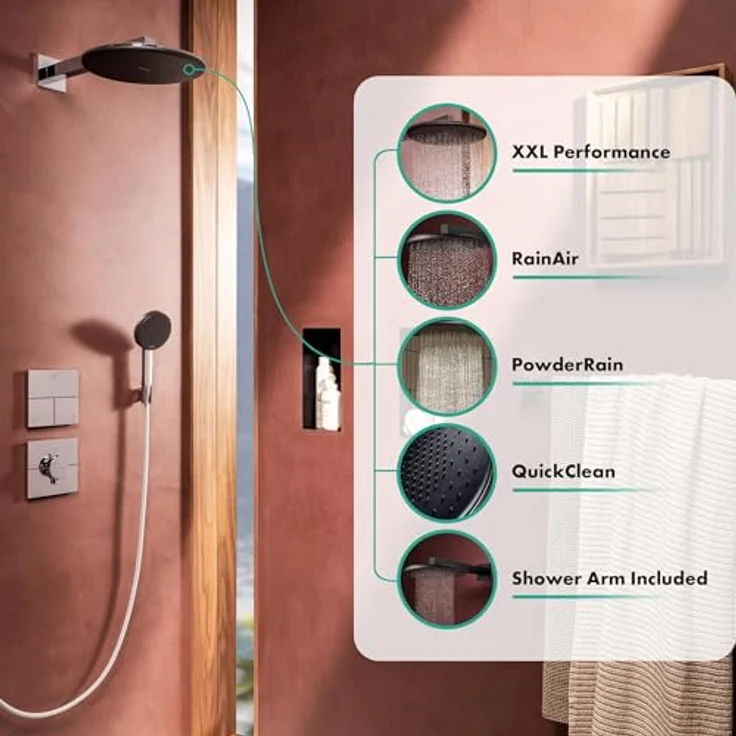 hansgrohe Raindance Alive S, Wassersparende Kopfbrause (EcoSmart) mit Brausearm, Regendusche, 2 Strahlarten, Antikalk-Funktion, Mattschwarz, 24541670 – Bild 2