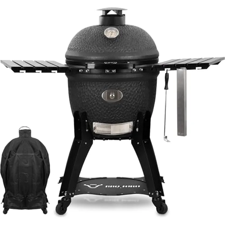 BBQ-Toro Kamado Grill Holzkohlegrill "Yuro" Ø 56 cm mit Seitenablagen, Thermometer | matt schwarz | Bubble Frosted Glaze | Ceramic Grill mit Rollen, Keramikgrill, BBQ Keramik Grill, Kugelgrill