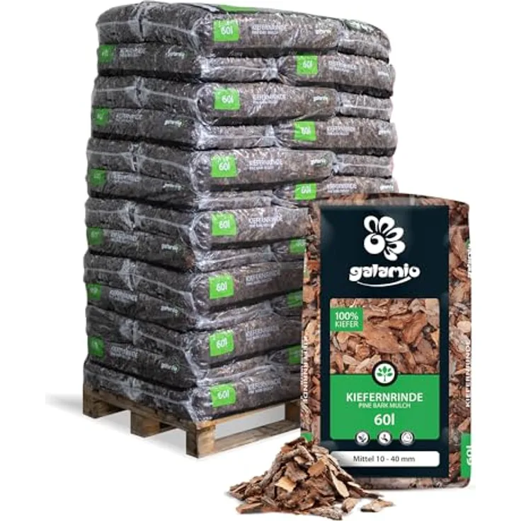 GALAMIO Kiefernrinde Kiefernmulch Rindenmulch Naturprodukt, rotbraun, Körnung 10-40mm, 60l Sack, 2.340l pro Palette
