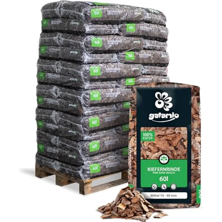 GALAMIO Kiefernrinde Kiefernmulch Rindenmulch Naturprodukt, rotbraun, Körnung 10-40mm, 60l Sack, 2.340l pro Palette – Bild 1