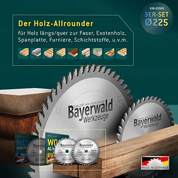 Bayerwald - Kreissägeblatt Set Ø 225 (3 tlg.) - für Holz & NE-Metall - geeignet für Mafell Erika 70 EC, Festool CS70 - HM (Hartmetall) - 225 x 2.5/1.8 x 30 Z32, Z48, Z68 TF - für Holz und Metallbearbeitung – Bild 3