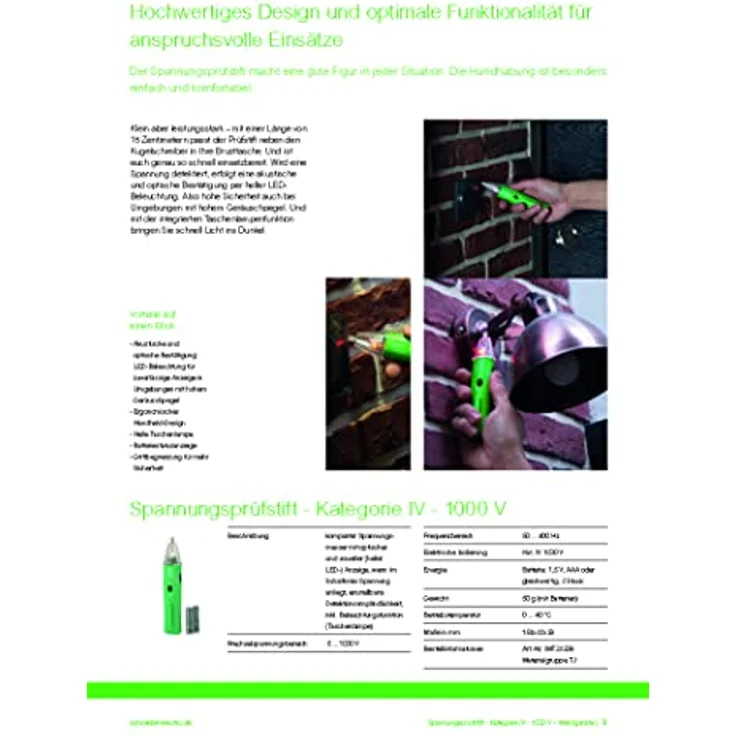 Schneider Electric - Thorsman Kontaktloser Spannungsprüfer, Kategorie 4, 2 Batterie 1,5 V AAA, 1 kV, IMT23209, grün – Bild 3