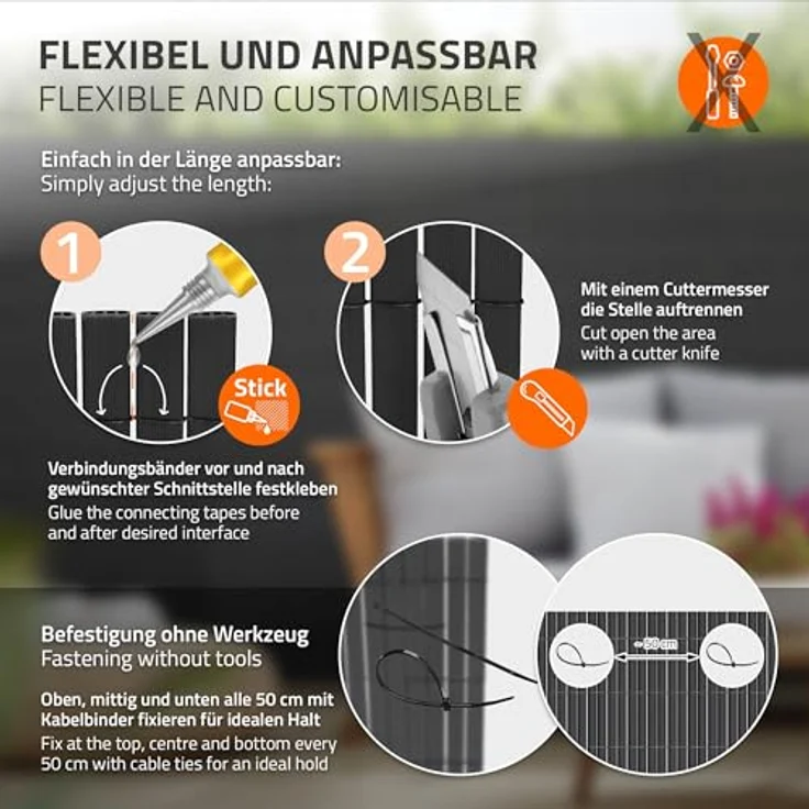 ECD Germany PVC Sichtschutzmatte 120x300 cm, Anthrazit, UV-beständig, wasserdicht, 3-Gewicht-Verstärkung, ideal für Garten, Balkon und Terrasse – Bild 4