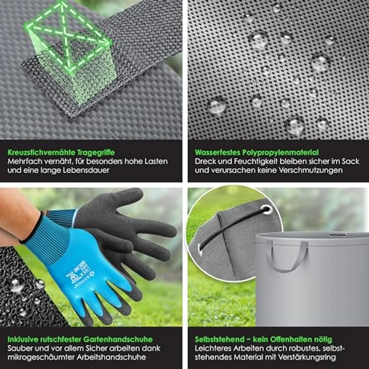KESSER® Gartensack 3x 272L Set Laubsack Gartenabfallsack inkl. Handschuhe - Selbststehend 4 Griffe Stabil Robust & Faltbar - Laubsäcke Rasenschnitt Gartensäcke für Gartenabfälle Grünschnitt Grau – Bild 3