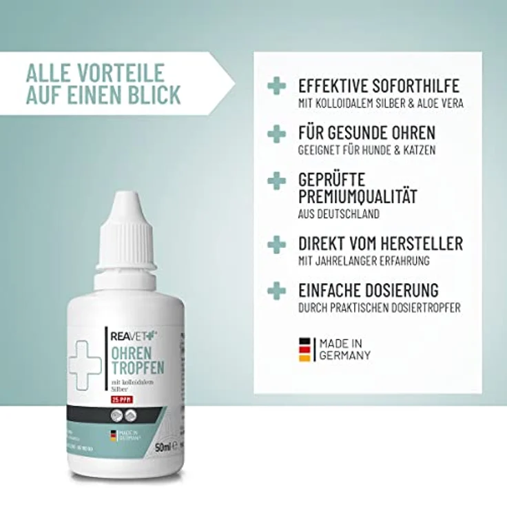 ReaVET TESTURTEIL SEHR GUT 09/23 Ohrentropfen mit kolloidalem Silber 50ml I 25ppm I Für Hunde und Katzen I Bei Ohrentzündungen, Juckreiz und Irritationen, Ohrenpflege, Ohrenhygiene, Gesunde Ohren – Bild 2