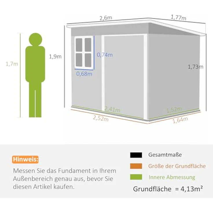 Outsunny Gerätehaus, 4,13 m³, Gartenhaus mit Fenster, abschließbare Tür, wetterbeständig aus Stahl, Dunkelgrau, 260 x 177 x 190 cm – Bild 5