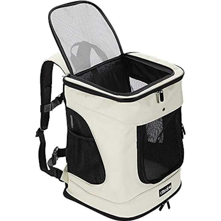 CADOCA® Haustierrucksack bis 12 kg verstellbare Gurte faltbar Kurzleine Haustier Tragetasche Katze Hund Rucksack Beige – Bild 2