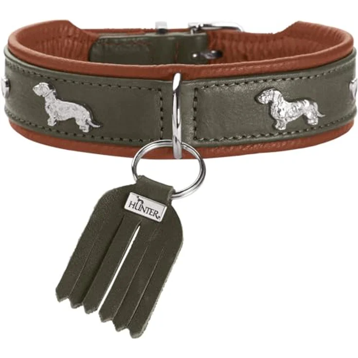HUNTER Teckel-Halsband MÜNCHEN, Leder in grün/Cognac, weich und robust, Größe 42 – Bild 1